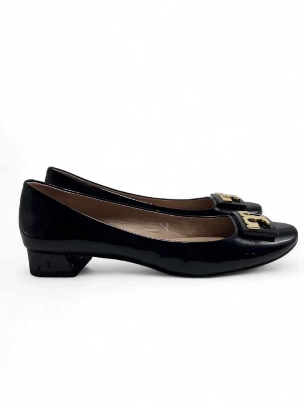 Tory Burch Gigi Pumps, glossy black patent leather, classic round toe, 